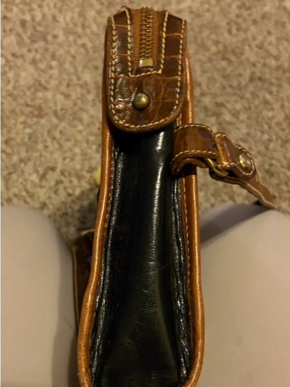 Brahmin Brown Croc-Embossed Leather Crossbody with Black Panel